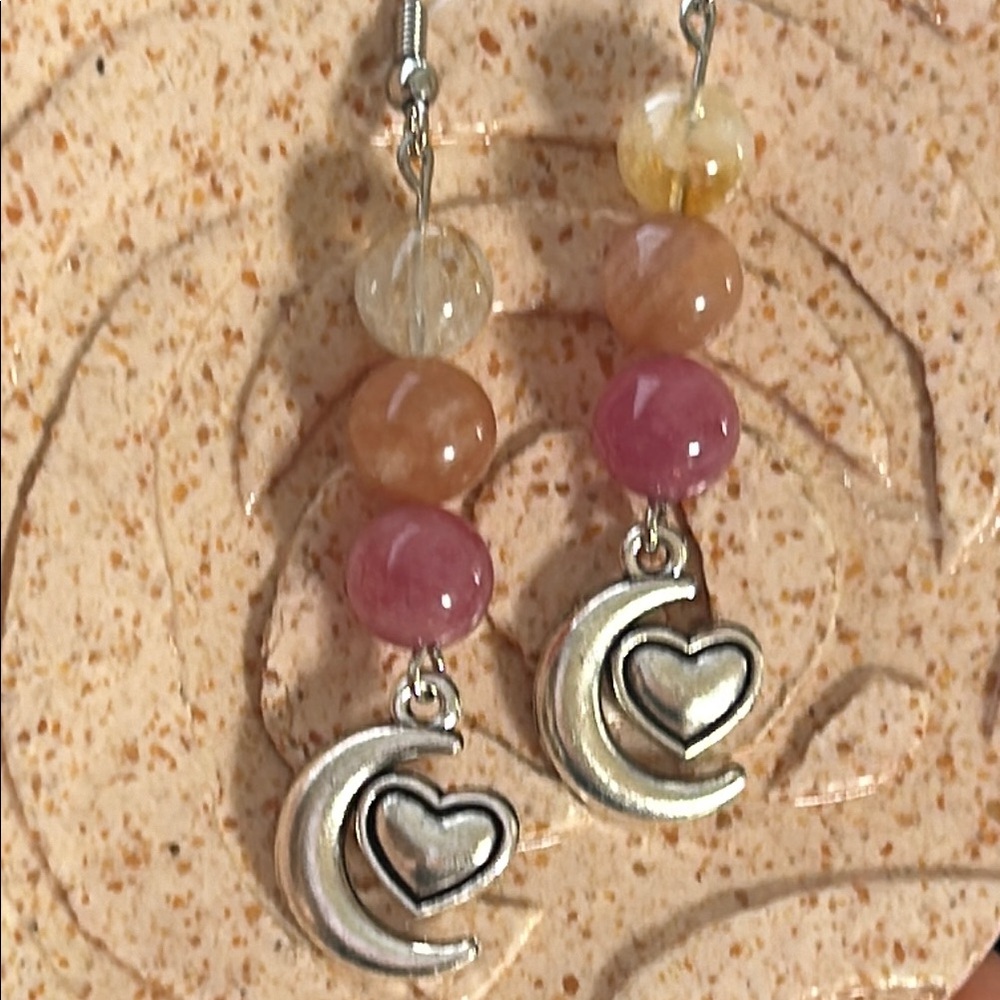 Handmade Silver Moon & Heart Earrings w/ Strawberry Quartz + Citrine Crystal - Picture 2 of 4